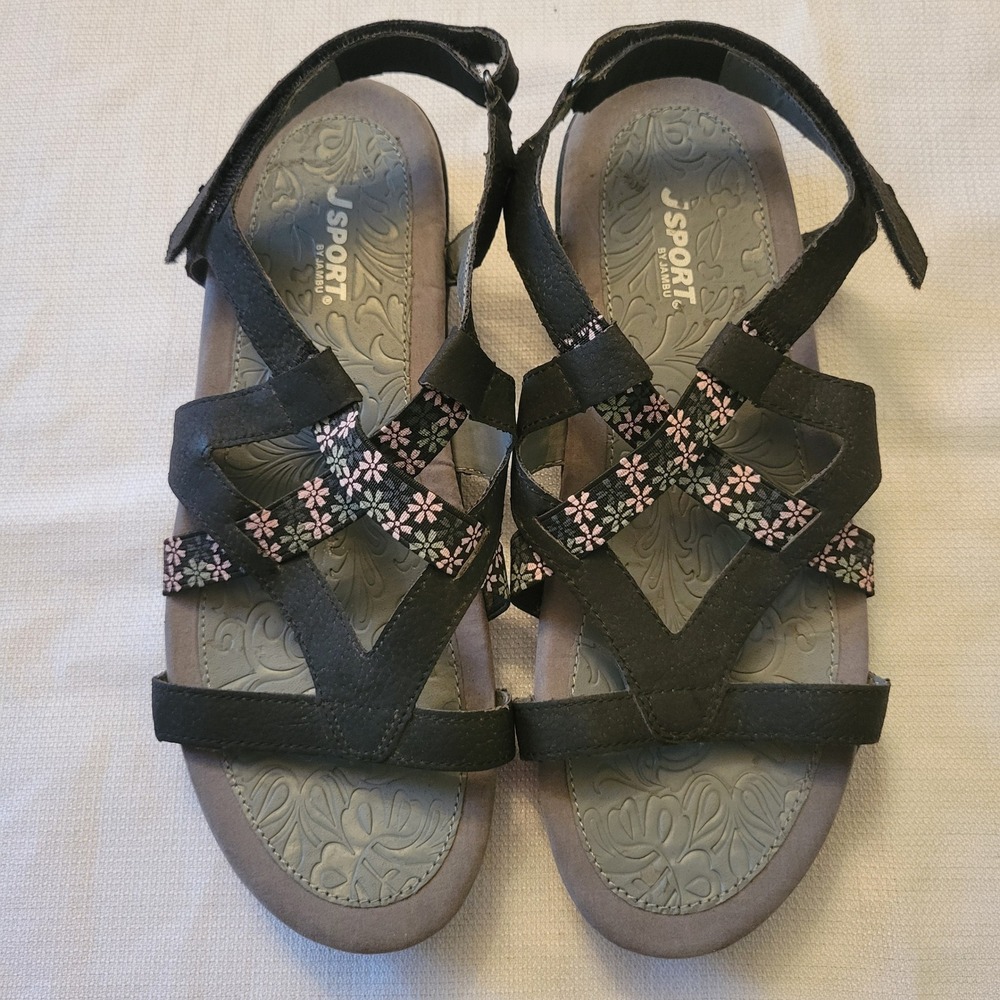 JSport Jambu 9 Sandals Black Floral Strappy Vegan Comfort WOODLAND Summer Beach